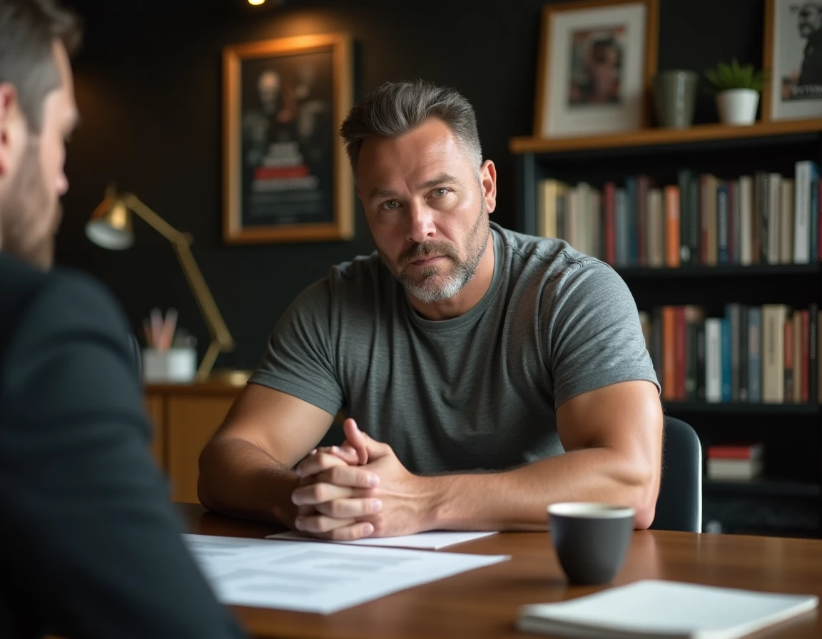 Acteur de grande carrure en réunion de casting avec un réalisateur, illustrant l'influence du physique sur la sélection des rôles au cinéma