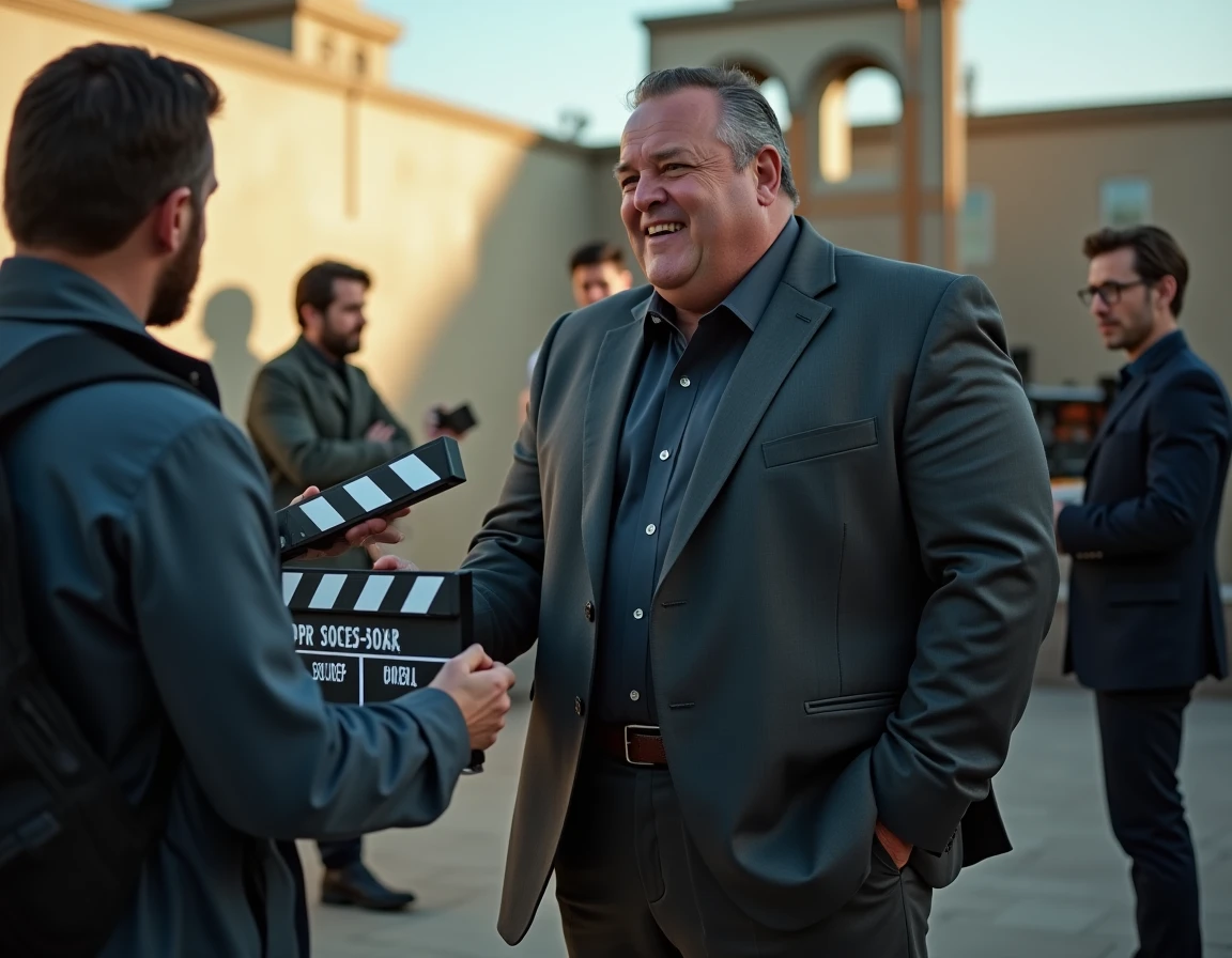 Acteur au physique imposant en costume sur le tournage d'un film, montrant comment sa corpulence influence la production cinématographique