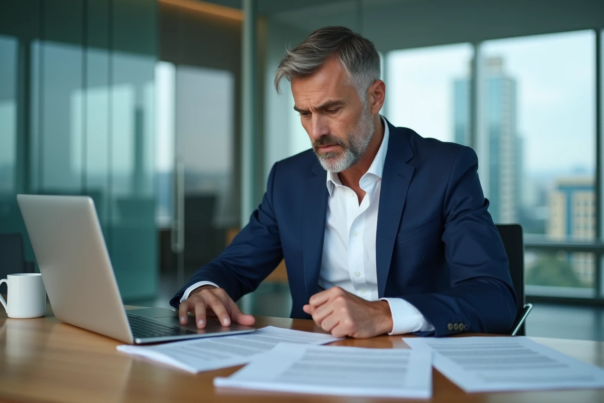 Agent sportif en costume marine examinant des documents de transfert dans un bureau moderne, symbolisant les négociations autour des départs du FC Nantes