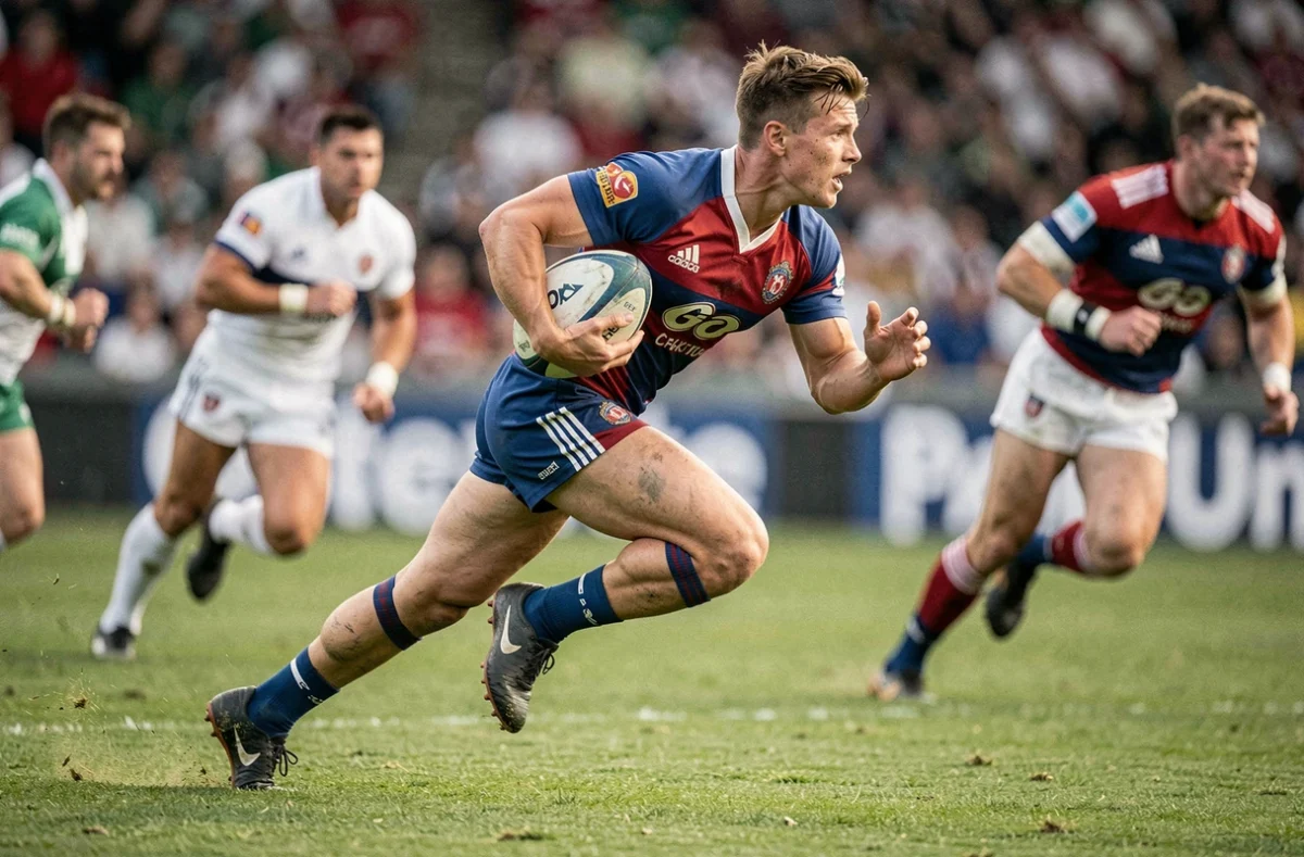Ailier de rugby en plein sprint avec ballon lors d'un match professionnel sur pelouse verte