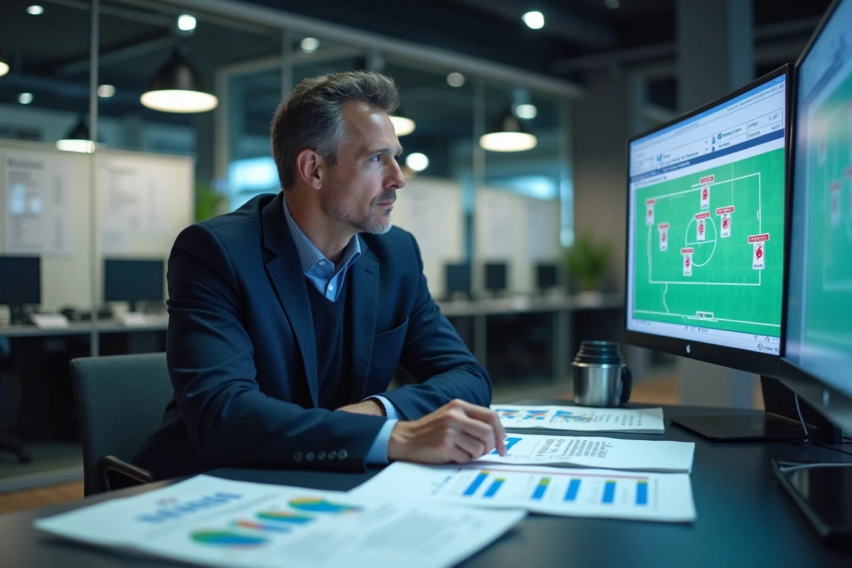 Analyste sportif étudiant les statistiques d'un défenseur du PSG sur écran et documents imprimés