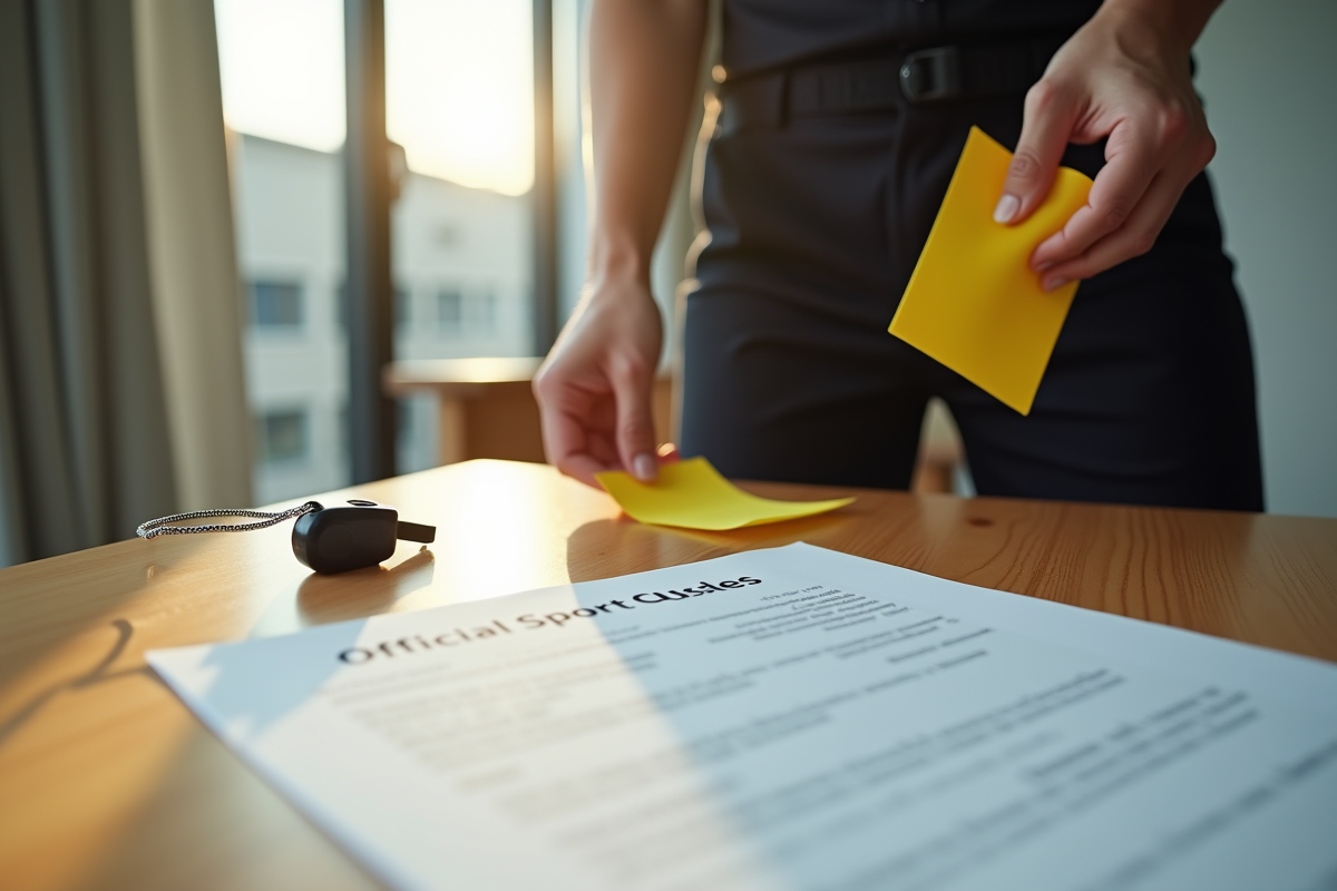Arbitre posant un carton jaune avec règles sport sur table