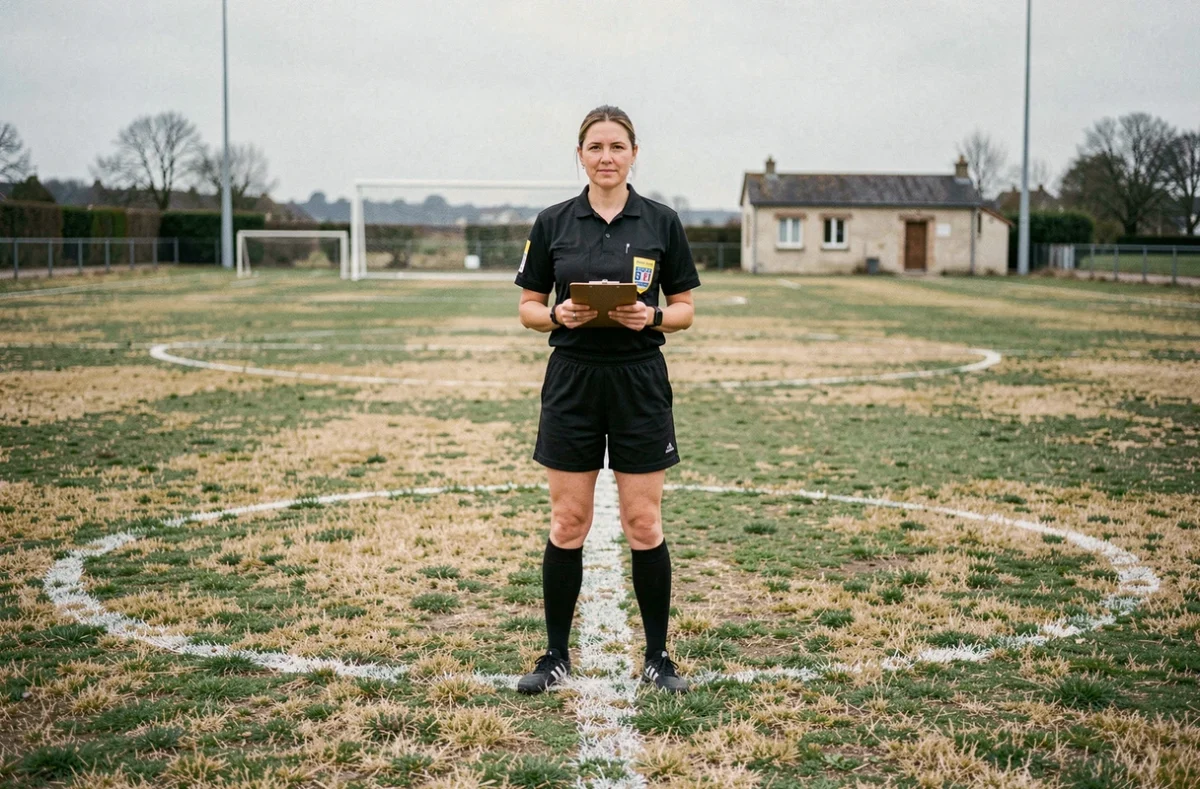 Arbitre féminine sur un terrain de football régional en Vendée, tenant un carnet de match au centre du terrain