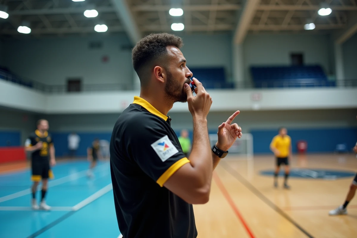 Arbitre de handball débutant en tenue officielle noire et jaune sifflant une faute sur le côté du terrain dans une salle de sport intérieure