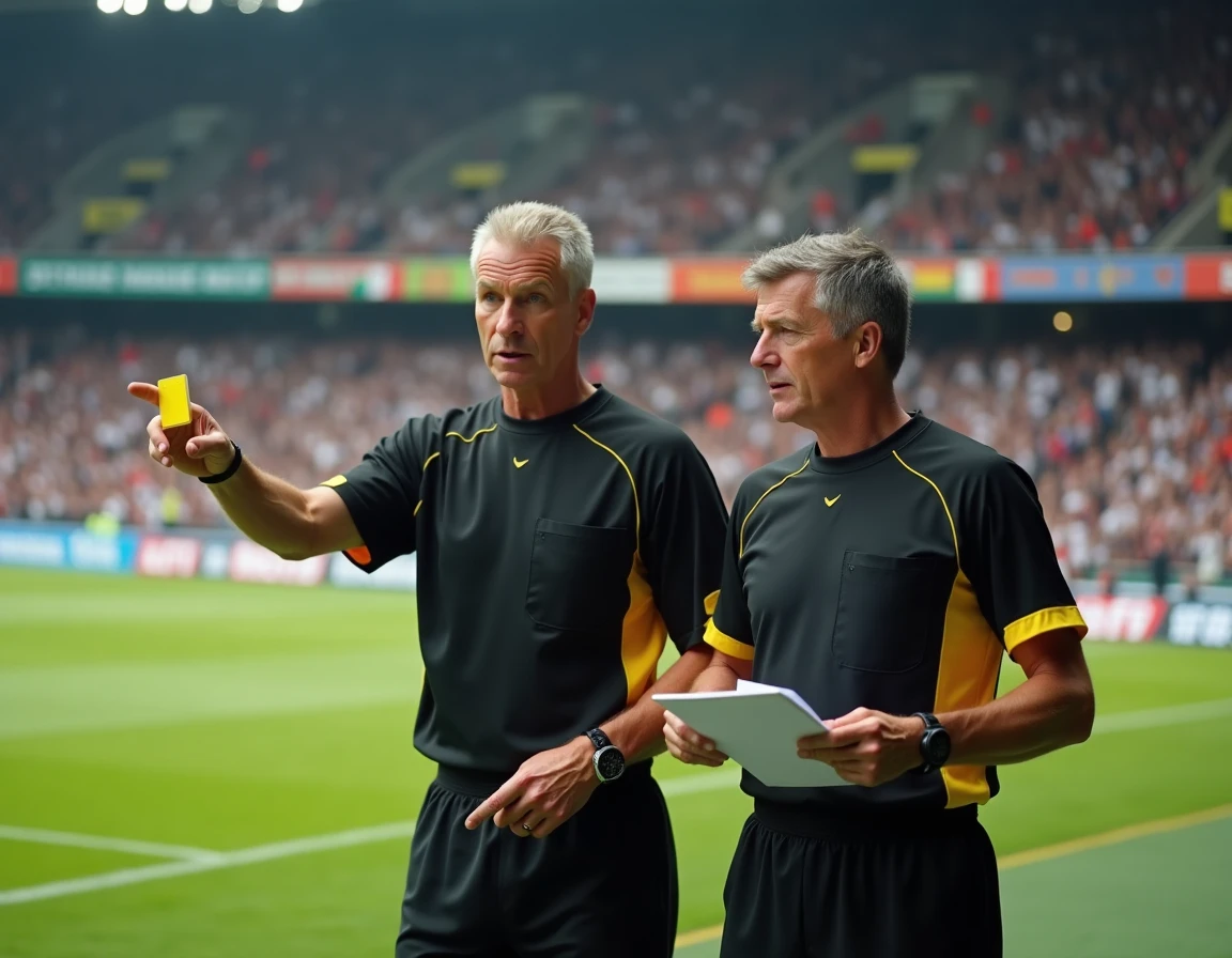Arbitres consultant leurs notes en bord de terrain lors d'un match de la Coupe du monde de football 1998