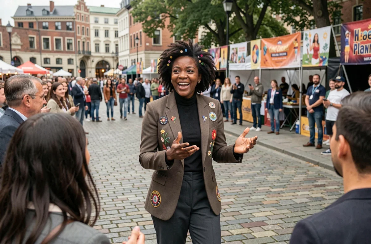Ashe Arthur performant et s'exprimant lors d'un festival culturel urbain en plein air