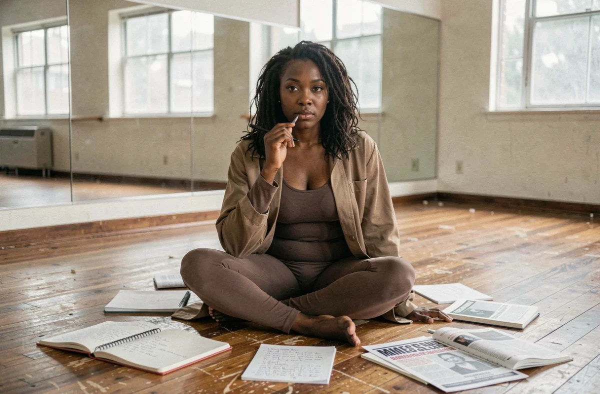 Artiste militante dans un studio de répétition entourée de notes et de textes engagés