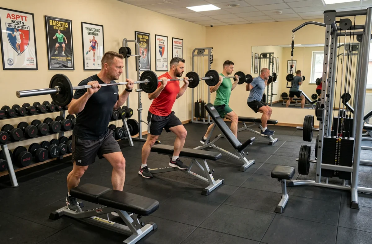 Salle de musculation ASPTT Rouen avec haltères, bancs d'entraînement et membres en séance