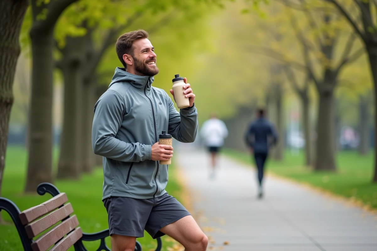 Homme athlétique boit un shake dans un parc urbain