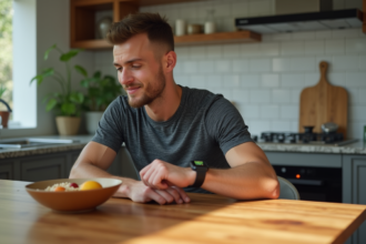 Jeune athlète homme vérifiant sa montre au petit déjeuner