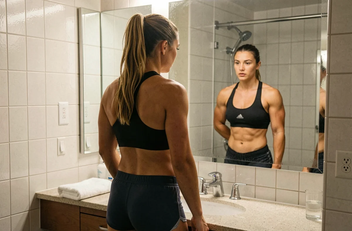 Athlète féminine de MMA s'examinant dans le miroir d'une salle de bain d'hôtel lors de la préparation à la pesée UFC
