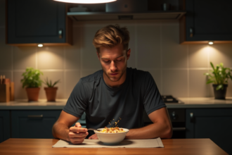 Jeune athlète mangeant de la bouillie dans la cuisine