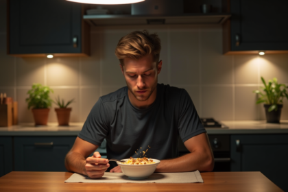 Jeune athlète mangeant de la bouillie dans la cuisine