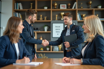 Jeune athlète en costume serrant la main d'une femme en bureau