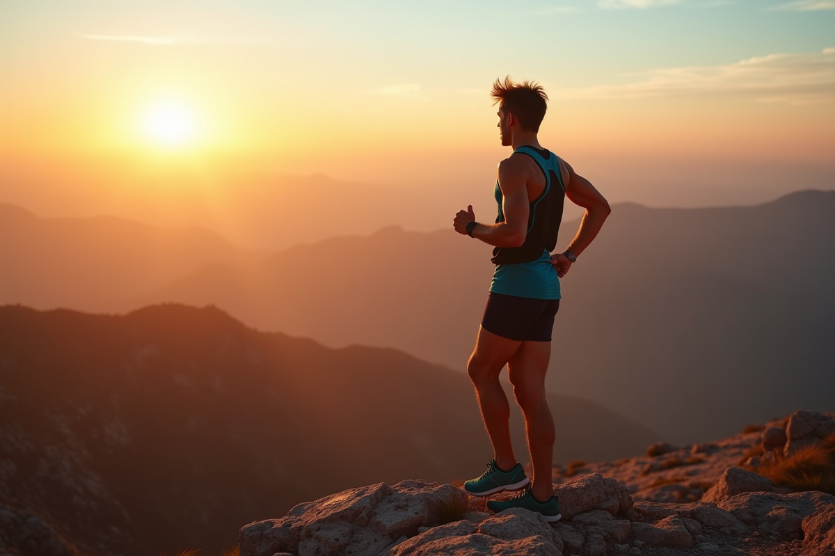 Athlète déterminé au sommet de la montagne au lever du soleil