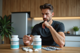 Athlète pensif avec compléments omega3 dans la cuisine