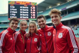 Groupe d'athletes devant un tableau de records mondiaux