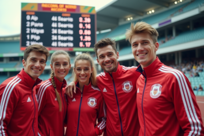 Groupe d'athletes devant un tableau de records mondiaux