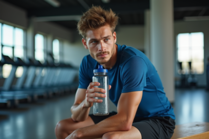 Jeune athlète en salle de sport en pleine réflexion