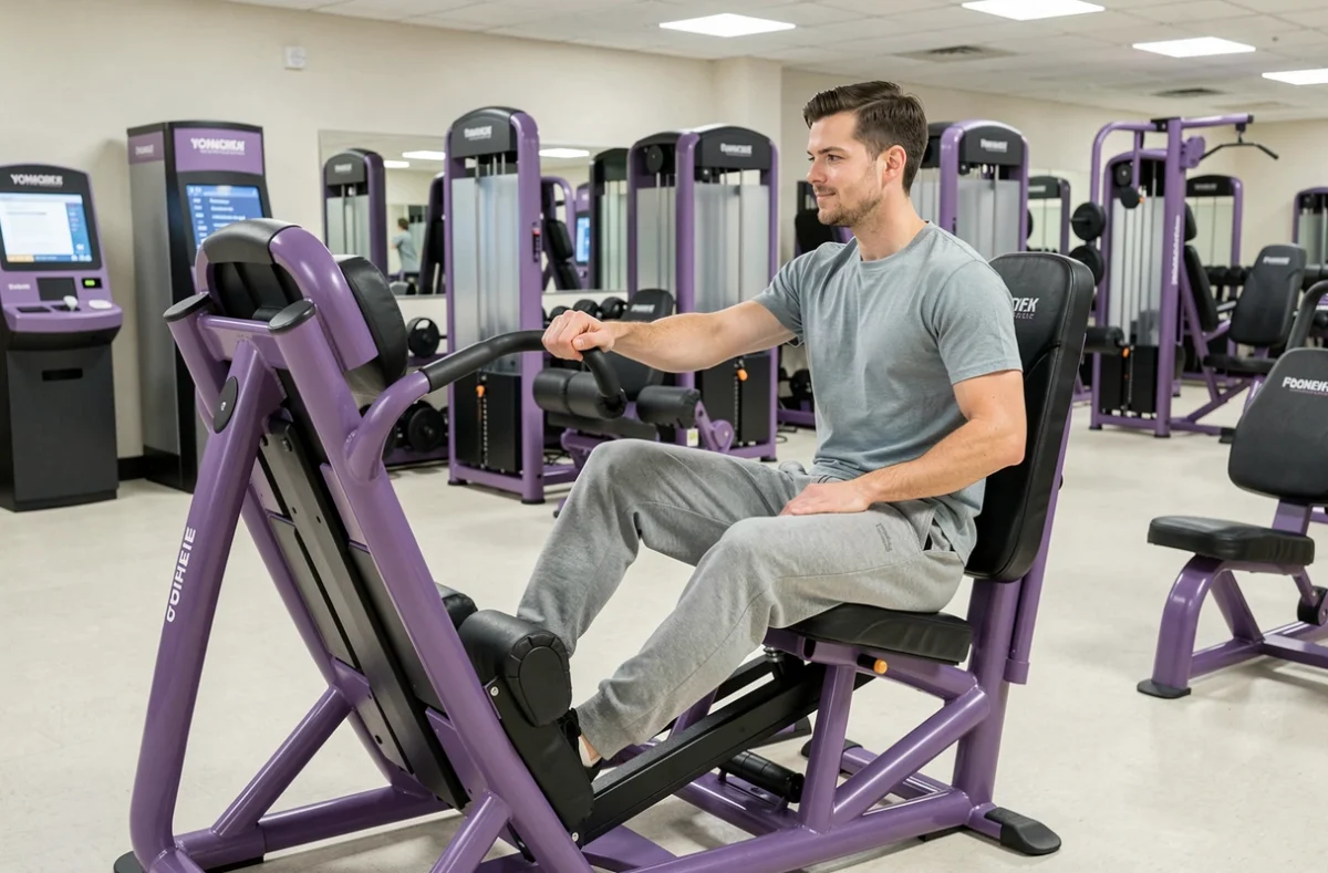 Homme utilisant un appareil de presse à cuisses chez Basic-Fit Bordeaux Victoire avec équipements aux couleurs violettes de la marque