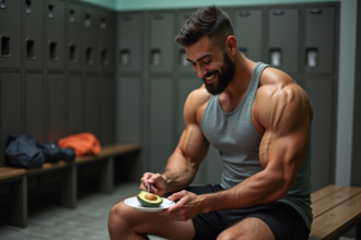 Muscleur en salle de sport coupe avocat sur une assiette