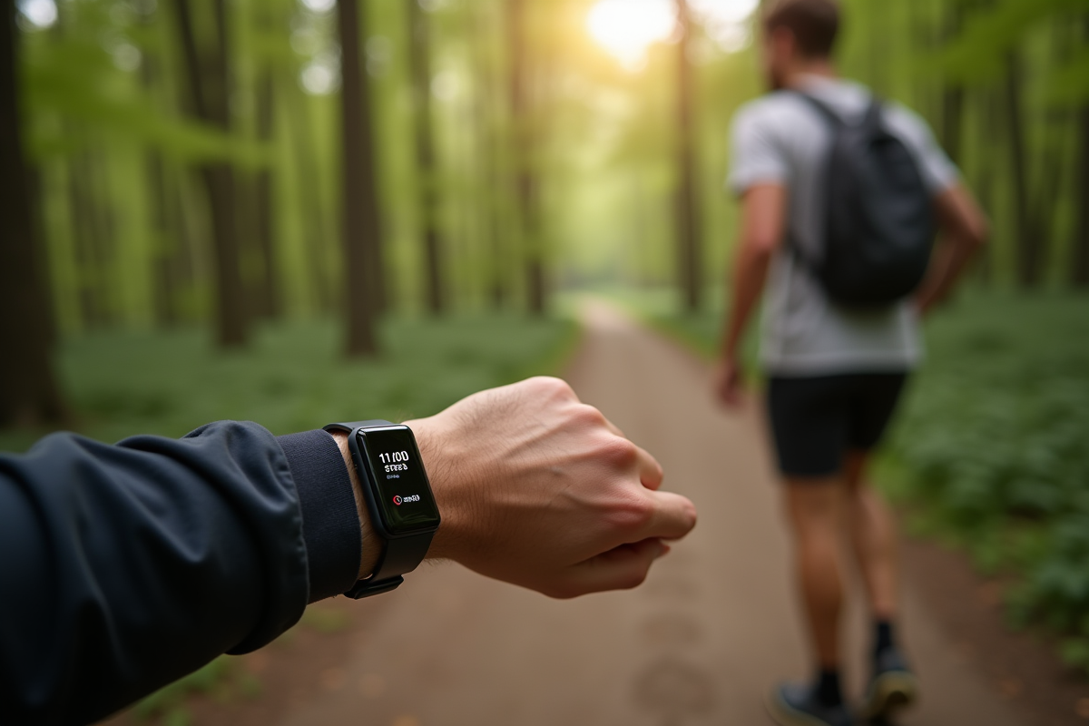 Poignet avec un tracker affichant 11000 pas en forêt