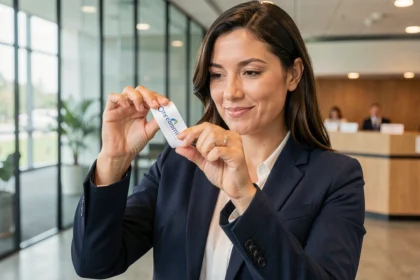 Coordinatrice événementielle examinant un brasard personnalisé avec logo dans un hall de centre de conférences moderne