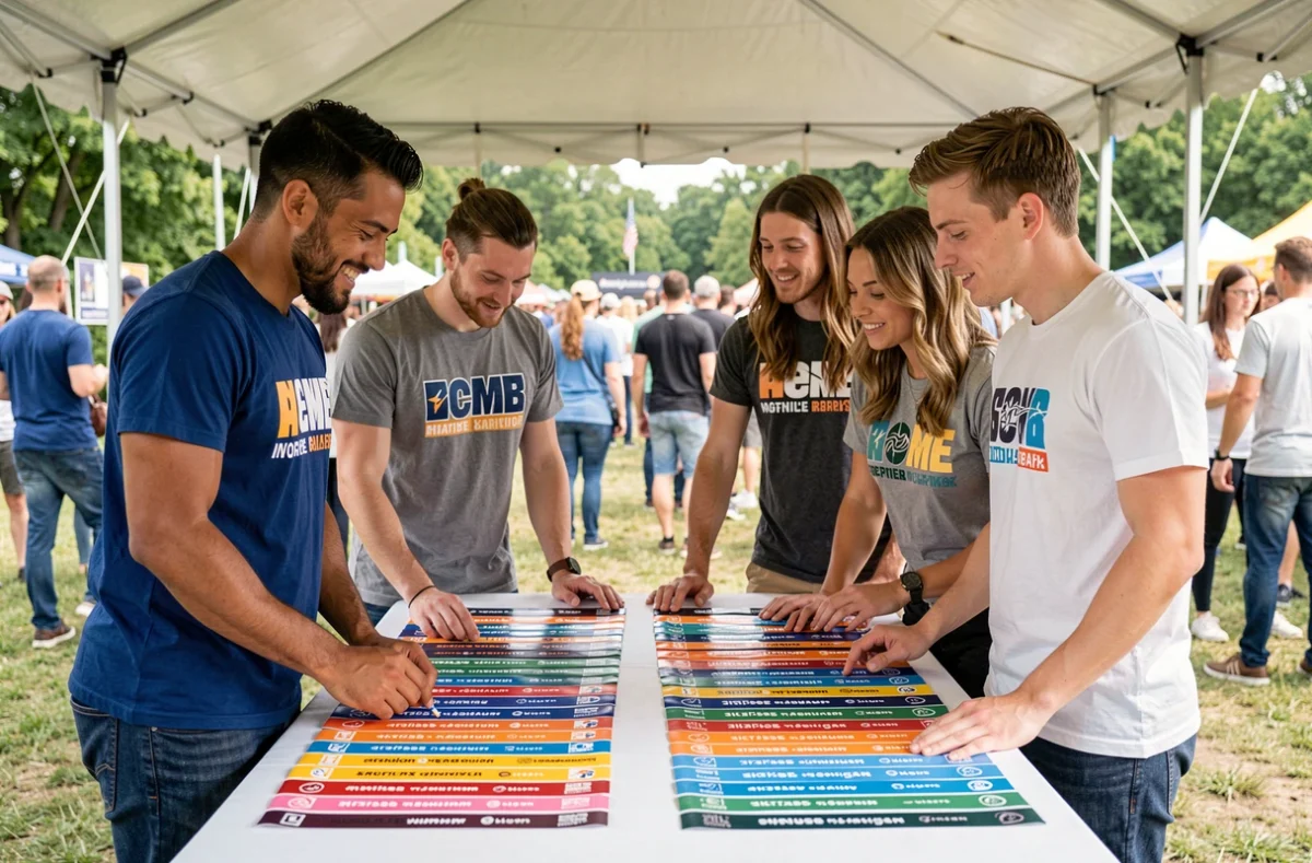 Équipe événementielle disposant des brasards marketing colorisés sur une table lors d'un festival en plein air