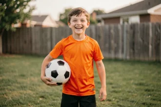Garçon de 11 ans sportif tenant un ballon de foot neuf dans un jardin, cadeau idéal pour jeune footballeur