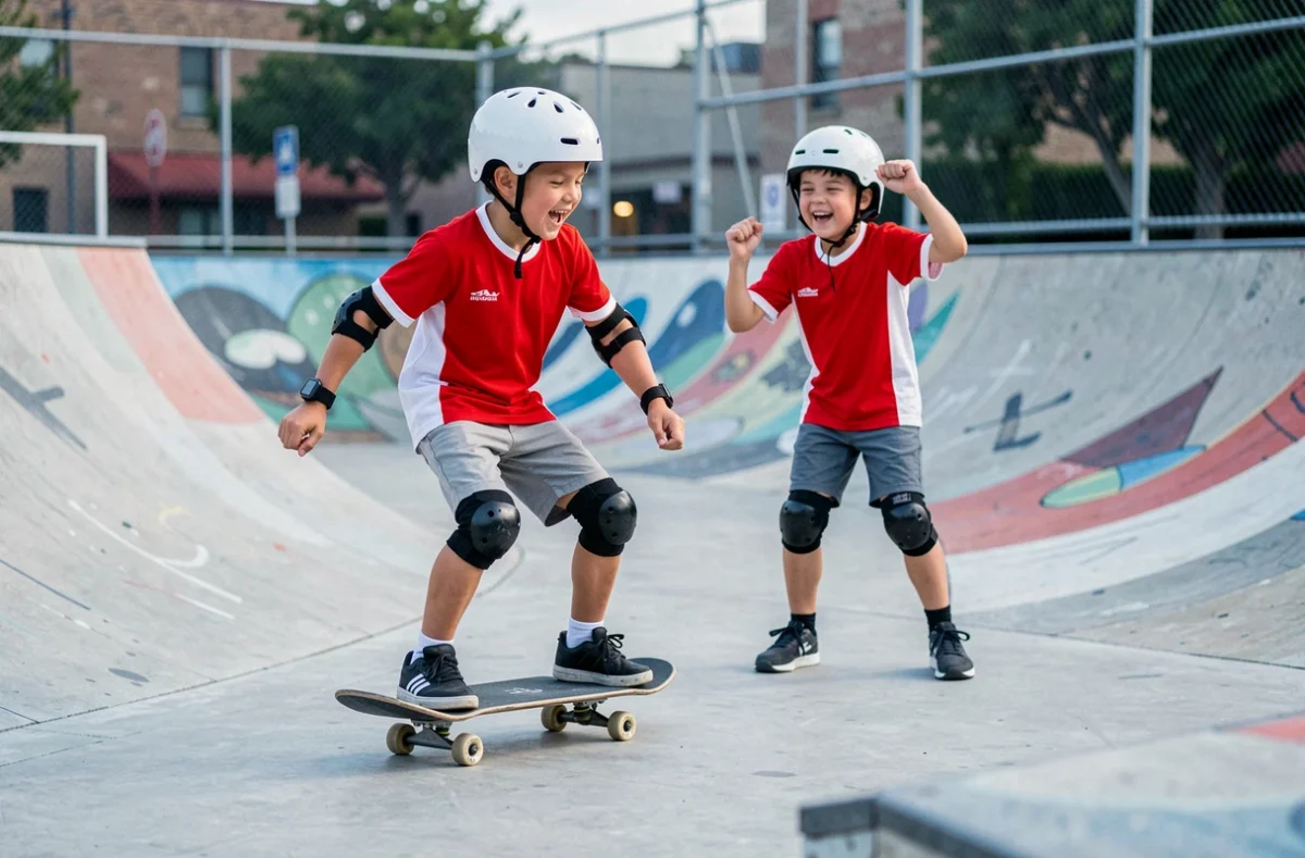 Deux garçons d'environ 11 ans en skatepark, l'un sur un skateboard avec équipement de protection, idée cadeau sport pour enfant