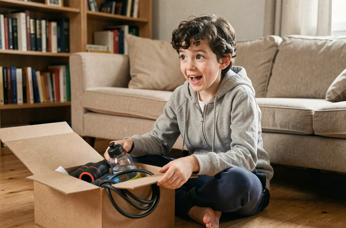 Garçon sportif de 11 ans découvrant des cadeaux d'activité physique dans un salon, saut à la corde et accessoires de sport