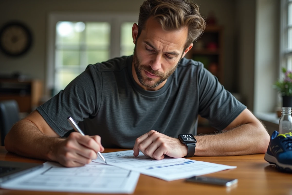 Athlète masculin calculant son allure de course au kilomètre sur une application mobile avec un plan d'entraînement imprimé