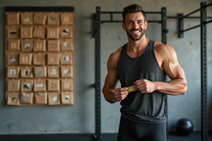 Homme sportif musclé ouvrant un calendrier de l'Avent personnalisé avec des surprises fitness dans une salle de crossfit