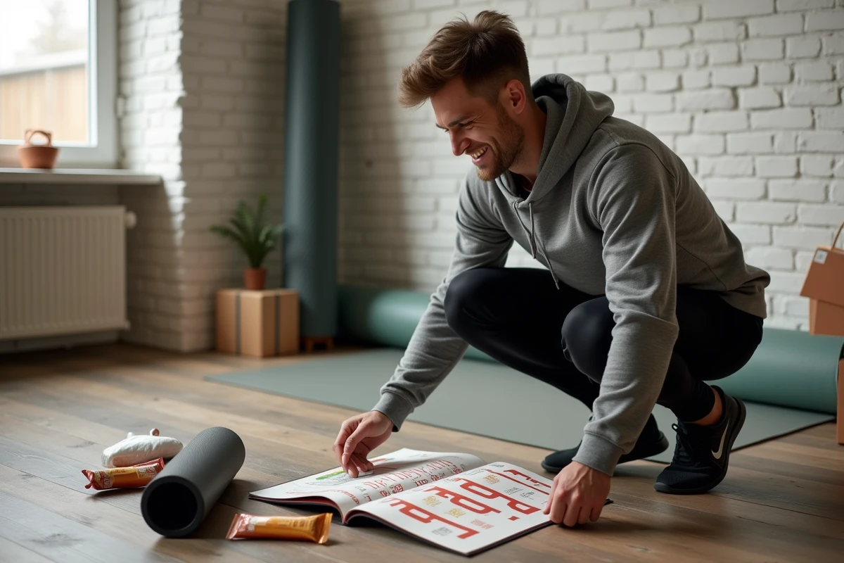 Homme en tenue de running découvrant les cadeaux d'un calendrier de l'Avent fitness personnalisé à la maison