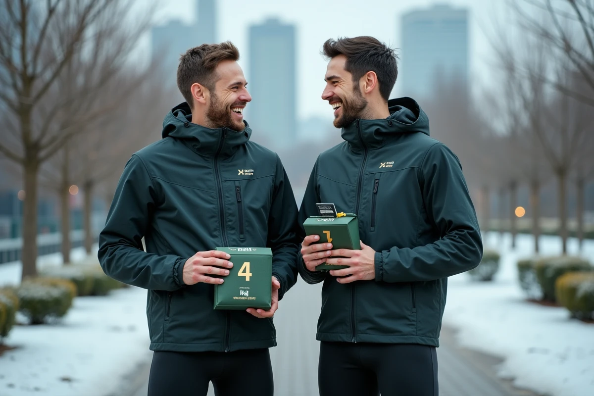 Deux sportifs tenant des pochettes de calendrier de l'Avent personnalisées pour la musculation et le running en extérieur