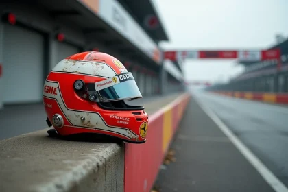 Casque de pilote de Formule 1 posé sur les barrières du paddock en hommage à un champion disparu