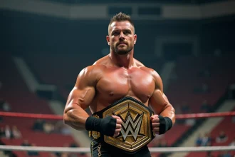 Catcheur professionnel portant une ceinture de championnat WWE dans une arène vide avec des gradins en arrière-plan flou