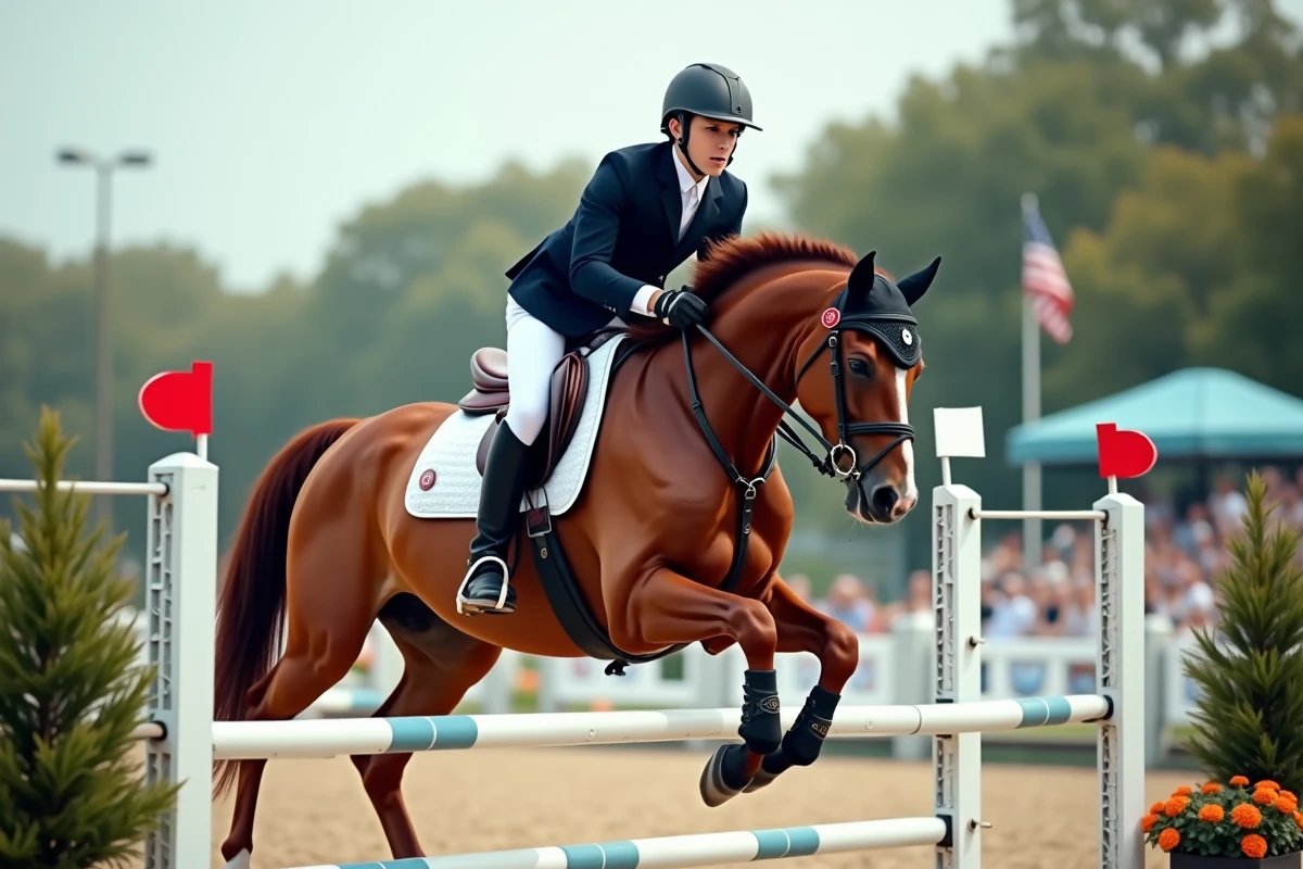 Jeune homme en compétition sautant un obstacle à cheval