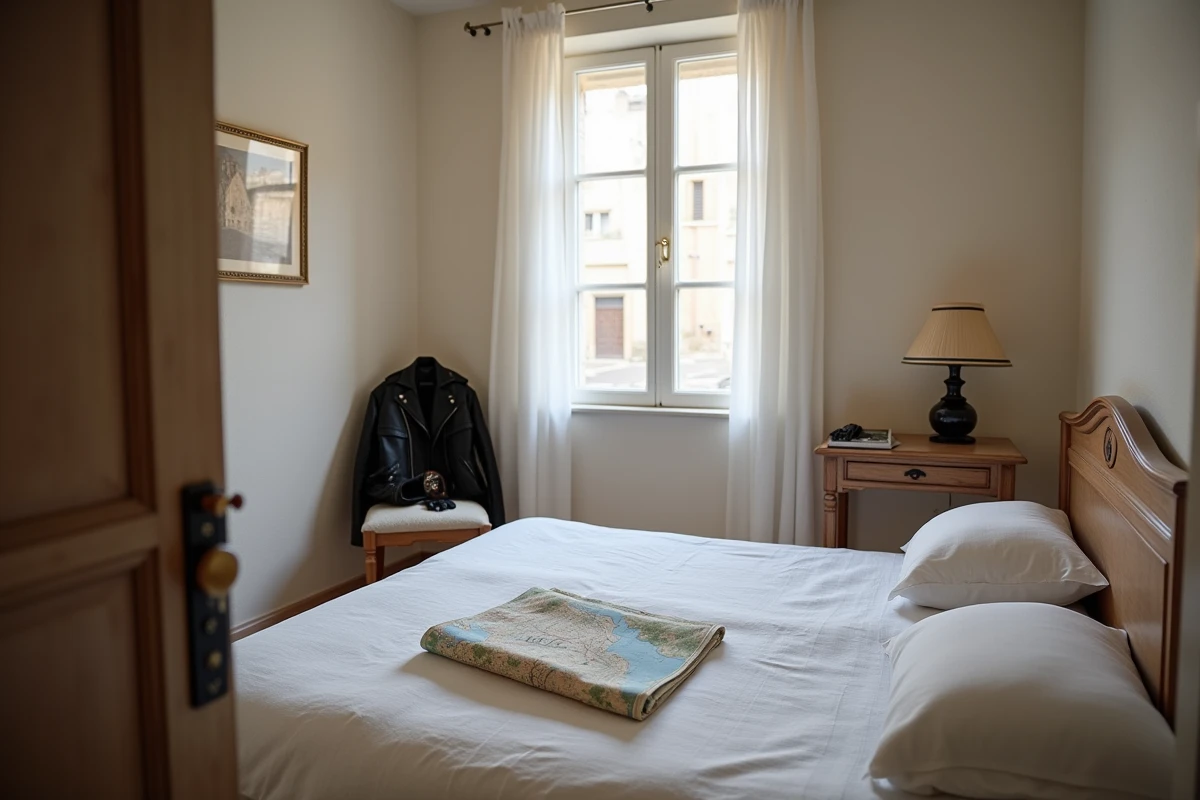 Chambre d'hôtel simple et propre près de Montalivet avec une veste de moto et une carte routière pour le Show Bike