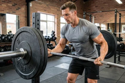 Homme chargeant des disques de poids sur une barre olympique dans une salle de musculation professionnelle