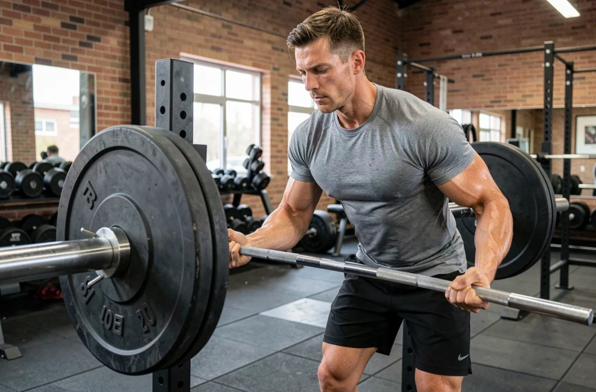 Homme chargeant des disques de poids sur une barre olympique dans une salle de musculation professionnelle