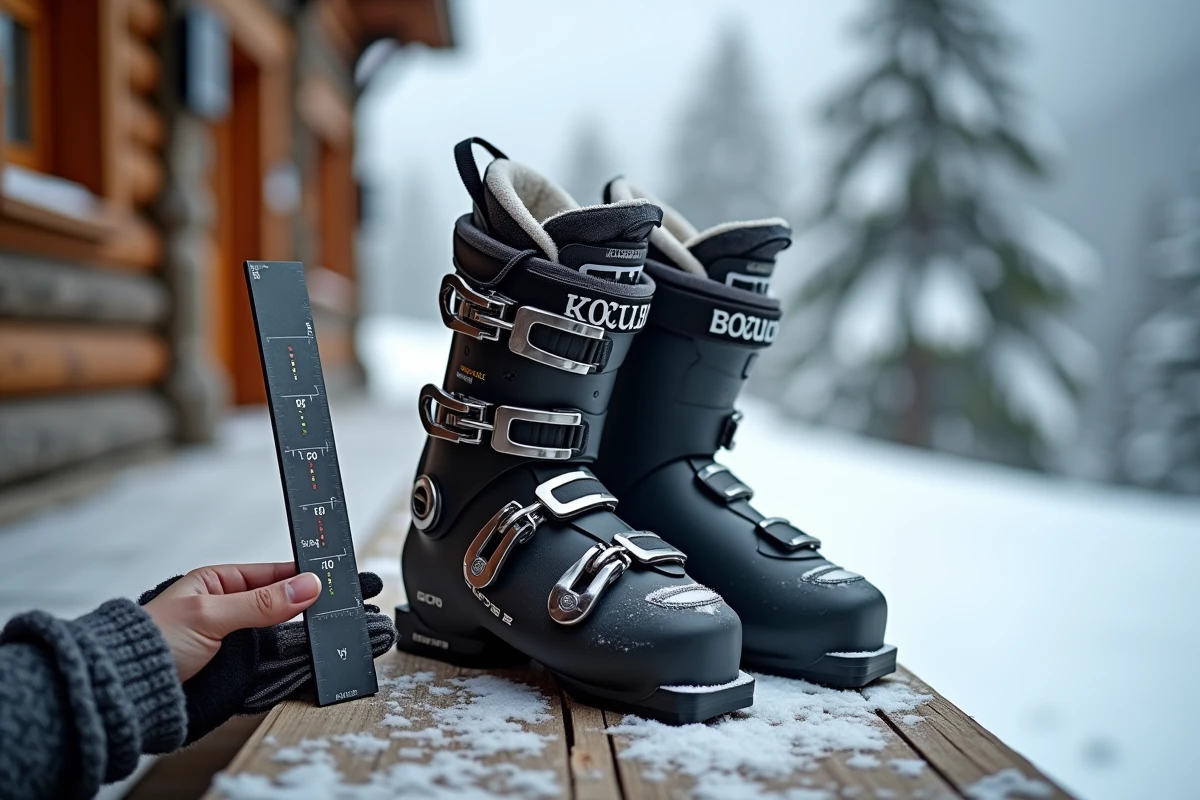 Chaussures de ski femme posées sur un deck enneigé avec une règle de mesure de pointure