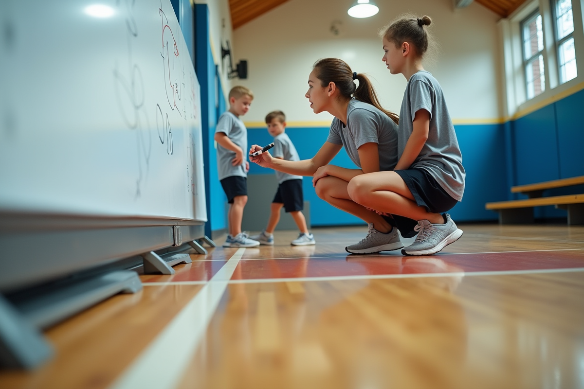 Jeune coach dessinant des tactiques avec des enfants en gym