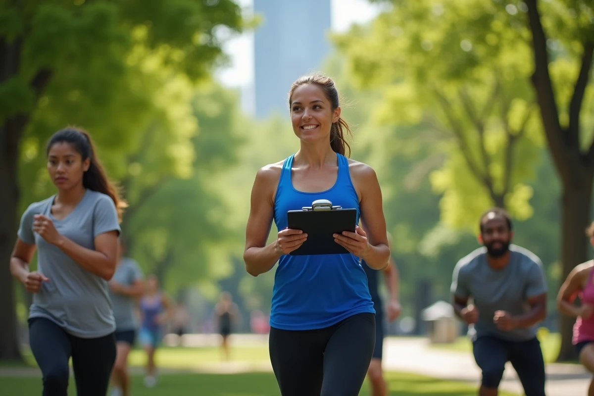 Femme entraîneur guidant un groupe de personnes en extérieur