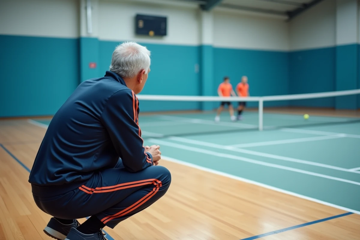 Entraineur de tennis plus age observe un match en salle