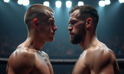 Deux combattants MMA face à face dans une arène bien éclairée