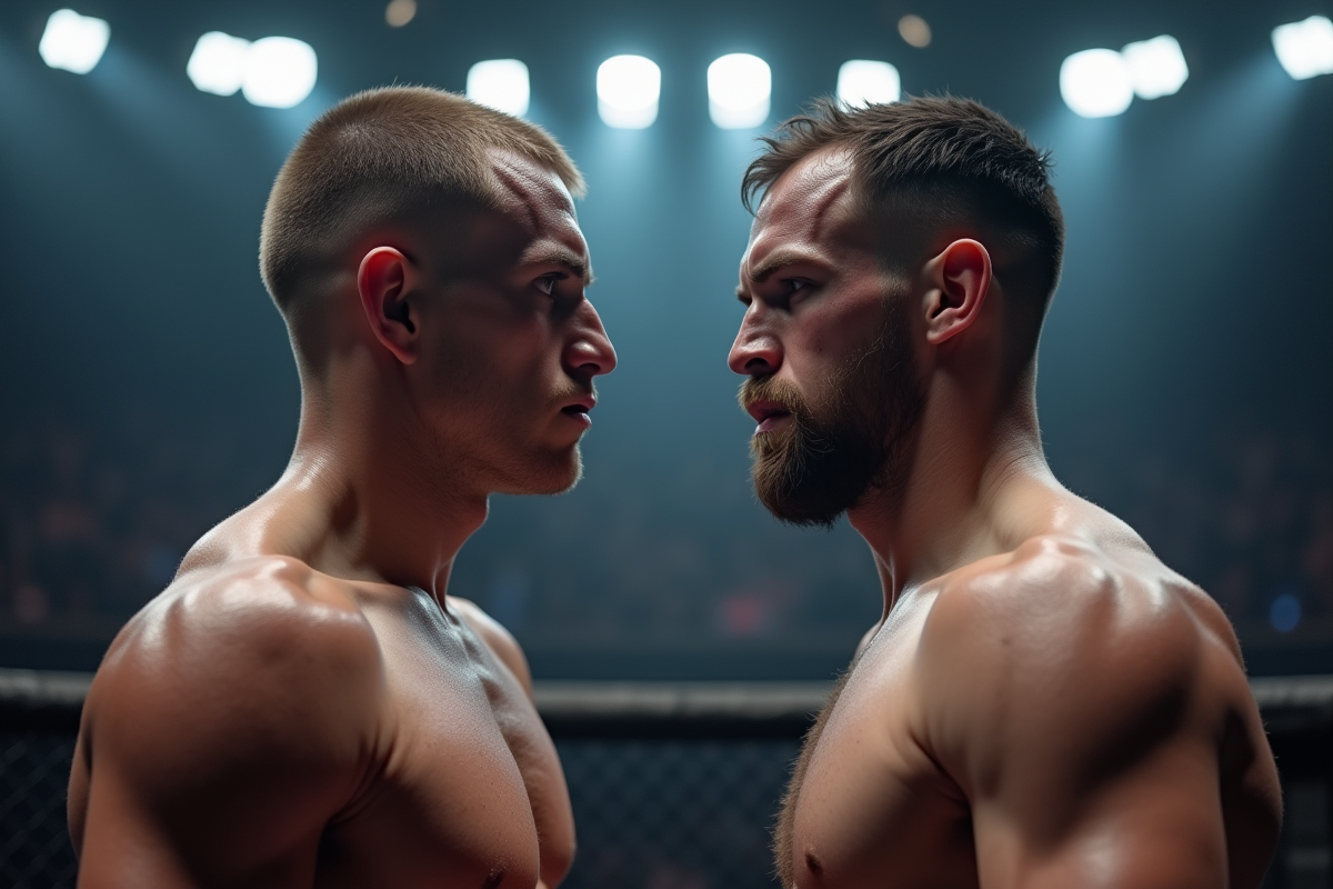 Deux combattants MMA face à face dans une arène bien éclairée