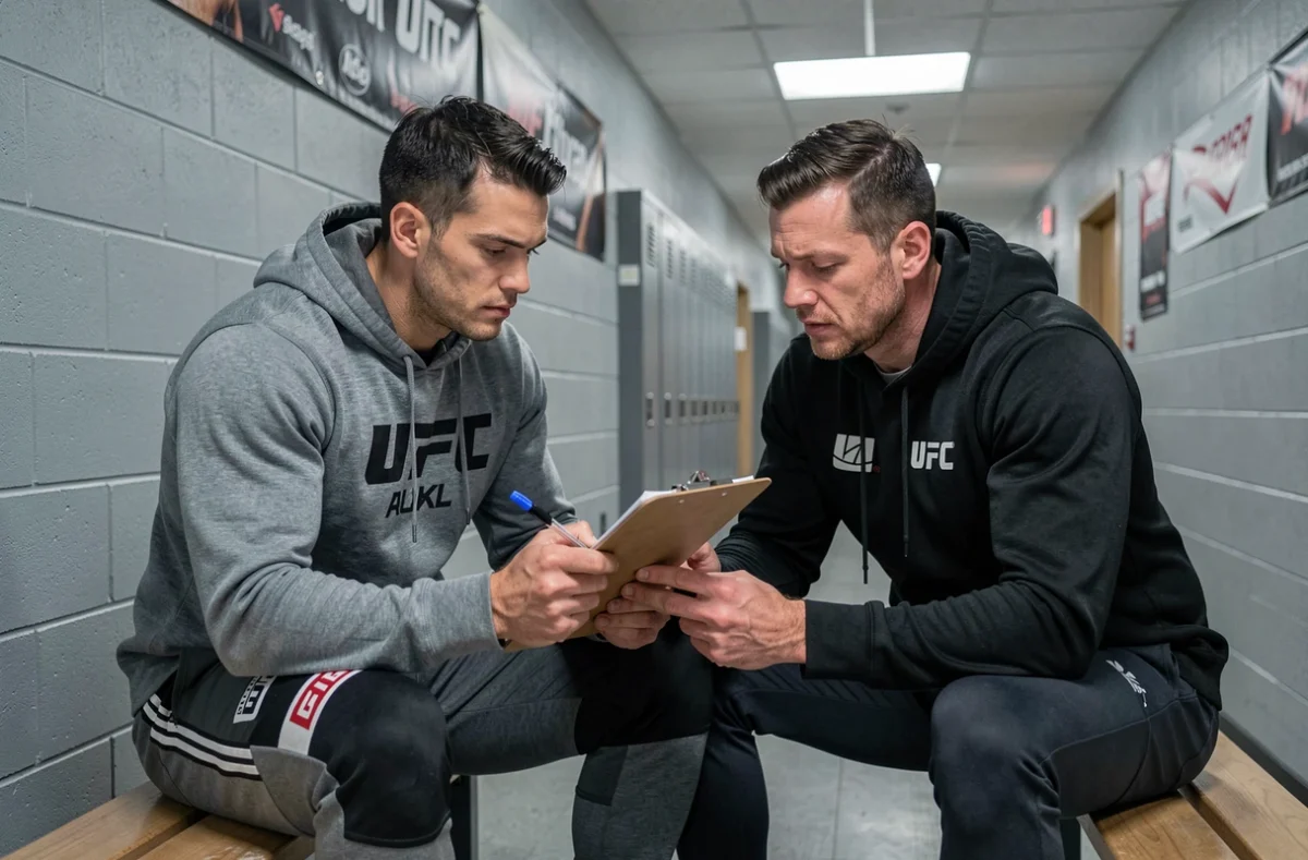 Combattant UFC assis avec son coach dans un couloir de vestiaire examinant les données de pesée sur un bloc-notes avant le combat