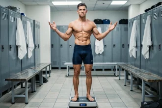 Combattant UFC masculin debout sur une balance numérique dans un vestiaire lors de la pesée officielle avant un combat