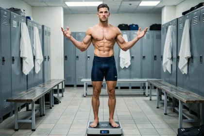 Combattant UFC masculin debout sur une balance numérique dans un vestiaire lors de la pesée officielle avant un combat